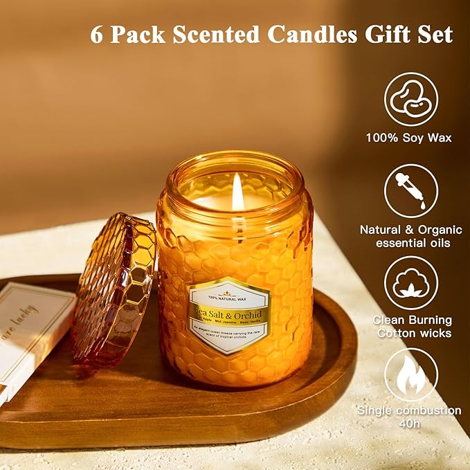 6 Pack Natural Soy Wax Jar Candles for Home, Scented Aromatherapy Gift Set for Women, 33 oz 240 Hour Long Lasting Candles Gifts for Mothers Day Birthday Women Valentine's Day