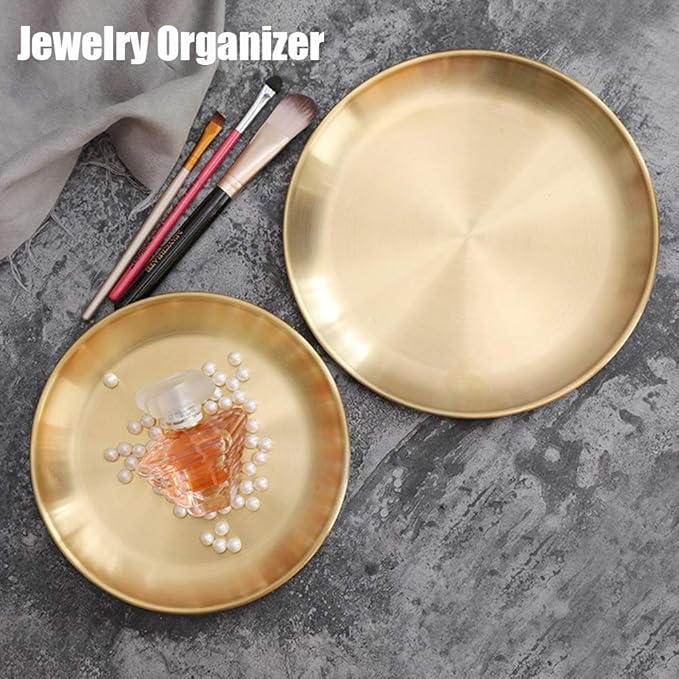 Round Brass Tray,Retro Plate Table Decor Easy Clean Stainless Steel Jewelry Organizer Round Tray for Modern Home,Jewelry, Makeup(Size:23cm)