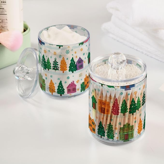 2 Pack Apothecary Jars Christmas Village Trees Pattern Bathroom Vanity Storage Organizer Set,Small Clear Plastic Storage Jars Bathroom Canister for Cotton Swabs, Rounds, Balls, Qtips,Makeup Spo
