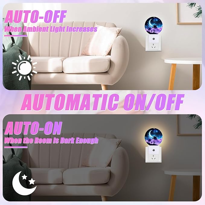 Palm Tree Night Light Purple Blue Night Moon Night Lights LED Lamp Round Plug into Wall Nightlight with Dusk to Dawn Sensor Home Hallway Stairway Kitchen Decor