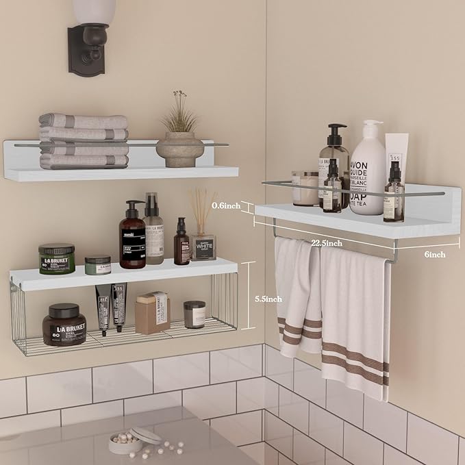 PopiShelves 22.5 inches Bathroom Shelves Over Toilet for Wall, Floating Shelves with Storage Basket Paper Holer for Kitchen Living Room, Bedroom & Classroom, Set of 3 (White and Grey)