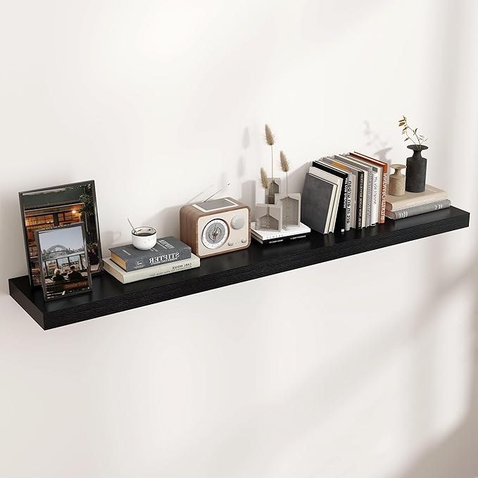 Venusmiles Floating Shelves for Wall, Engineered Wood Wall Shelves with Invisible Brackets for Living Room Bedroom Bathroom Office Kitchen Decor and Storage (Black, 55" W x 9" D x 1.5" H) Set of 1