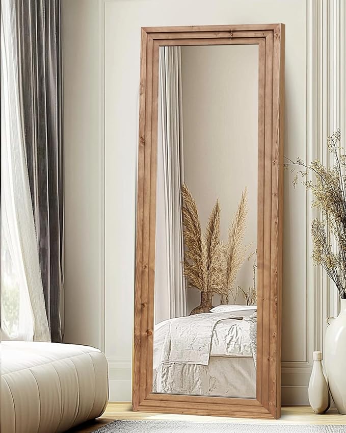 Full Length Mirror 65"x24" Solid Wood Frame Floor Large Mirror for Living Room, Bedroom Hanging or Leaning Wall-Mounted, Light Brown