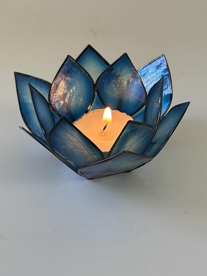 Om Gallery Capiz Shell Lotus Flower Decor Tealight Candle Holder for Serene Ambiance -Decorative Natural Shell Mini Candle Holders for Meditation, and Relaxation, Dark Blue