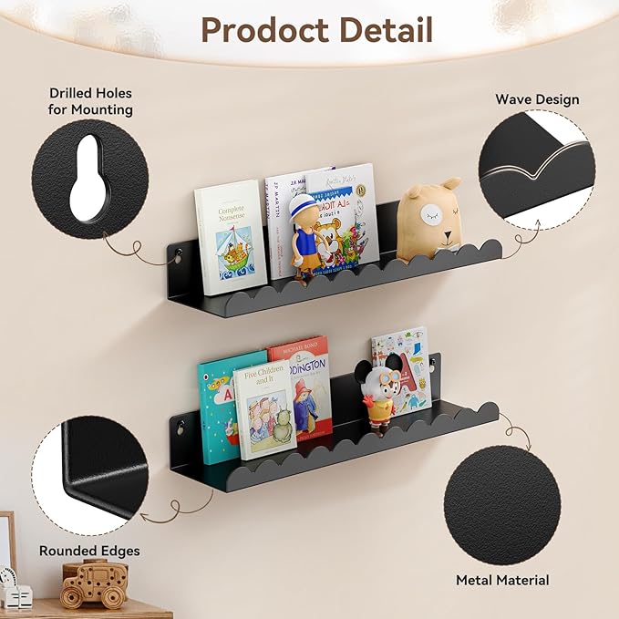 Nursery Book Shelves, 17 Inch Metal Floating Shelves for Wall 4 Pack, Scalloped Shelves, Wall Mounted Book Shelf for Kids Bedroom, Baby Room, Nursery Decor （Black）