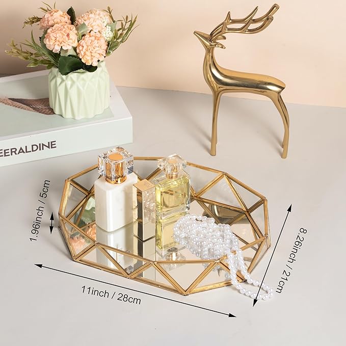 Feyarl Gold Glass Perfume Tray Mirror Vanity Jewelry Trinket Organizer Ornate Cosmetic Makeup Display Decorative Tray for Bathroom Home Decor Dresser Tabletop Countertop （11 x 8.26 x 1.96inch）