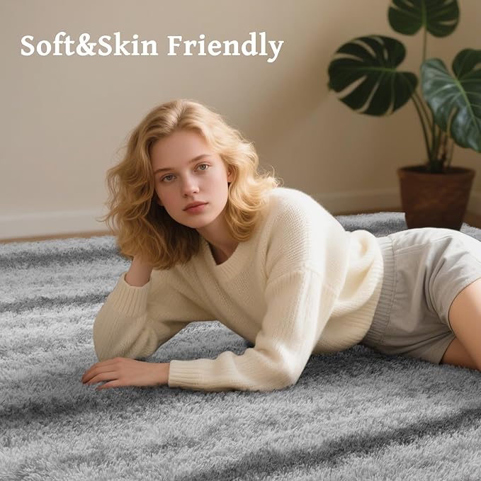 5x7 Ft Large Shag Rug for Living Room Bedroom,Tie-Dyed Ultra Soft Fluffy Furry Area Rug, Aesthetic Carpet for Indoor Floor Home Decor (Grey&White)