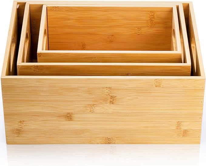 DEAYOU 3 Pack Bamboo Storage Bin, Bamboo Storage Box Crate, Natural Nesting Organizer, Stackable Cubby Basket Container Holder with Handle for Display, Book, Toy, Snack, Decor, Modular Open, 3 Sizes