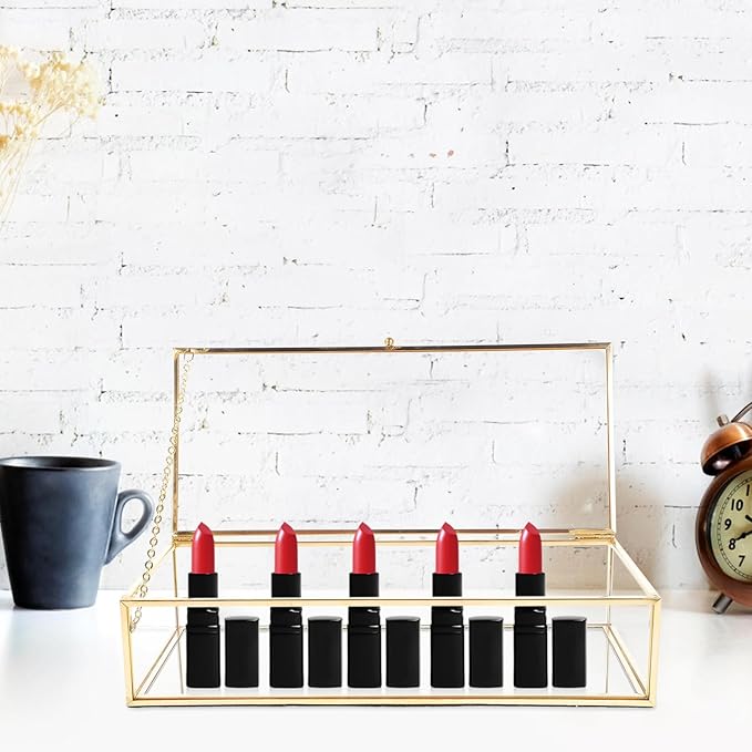 Lidded Glass Jewelry Box with Metal Frame 23x10x5.5cm Cosmetic Organizer Case for Lipstick Perfume Home Storage