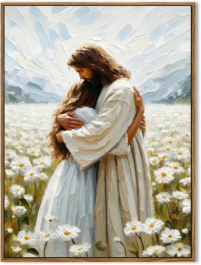 Jesus Embracing Woman Wall Art, Jesus Hugging Women Wall Decor Paintings, Religious Christian Bible Canvas Prints Pictures for Bedroom Living Prayer Room 12x16 inch Framed