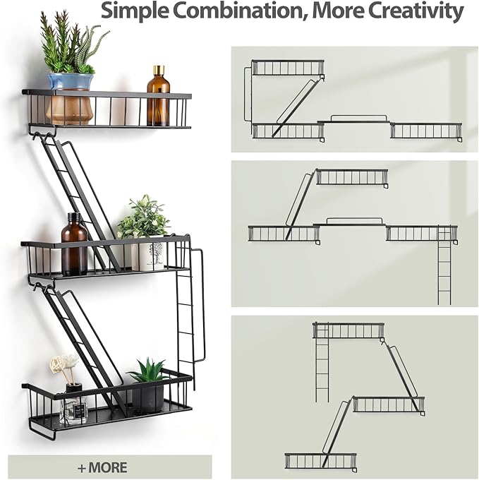 SweetSage Fire Escape Wall Shelf - New York Decorative Ladder Shelf, Wall Art Floating Shelf Black Metal Shelves for Bedroom, Home Office Storage and Display (3-Tier)