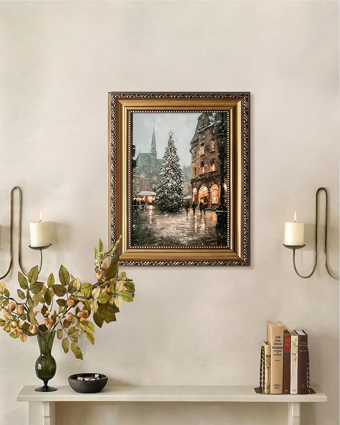 KBKBART Framed Canvas Wall Art 'Vintage Christmas Tree' Painting, Retro Farmhouse Artwork, Winter Mood Snow Picture, For Living Room & Bathroom Wall Decor - 9'x12'