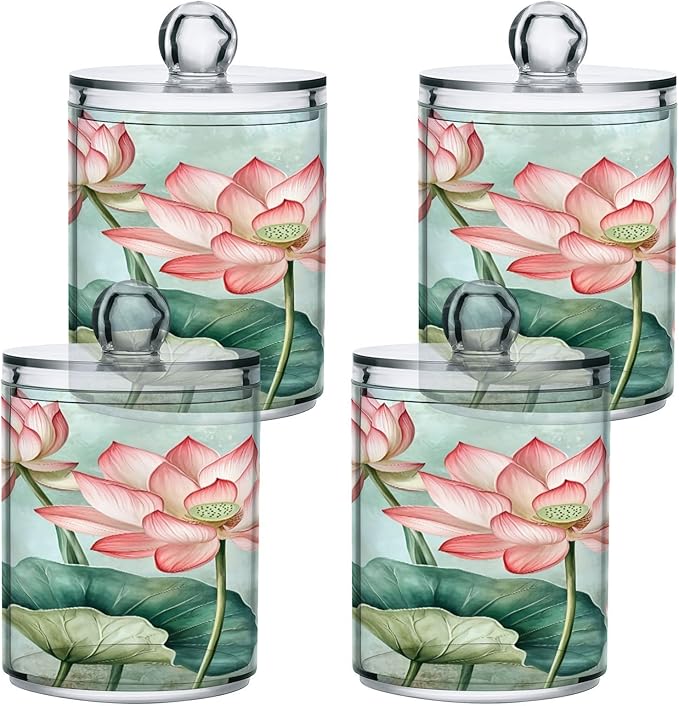 Nander 2Pack Beautiful Watercolor Lotus Flower Qtip Holder Dispenser -Clear Plastic Apothecary Jars Set - Restroom Bathroom Makeup Organizers Containers for Cotton Swab, Ball, Pads, Floss