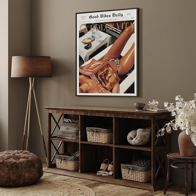 Trendy Newspaper Posters Vintage Good Vibes Daily Wall Art 60s La Dolce Vita Poster Beach Vibe Funky Aesthetic Retro Trippy Art Canvas Prints for Cool Girl Room Home Dorm Decor 24x36inch black framed