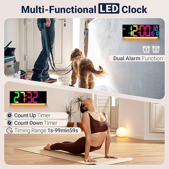 16.5" Large Digital Wall Clock: 11 RGB Color LED Display with Remote Control, Auto DST, Temperature & Date, Big Number Wall Clock for Seniors, Classroom, Office, Gym, Home Decor Gray