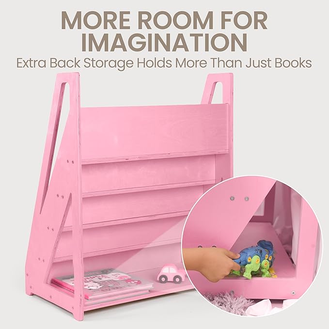 Kids Book Shelf Organizer, Wooden Children’s Bookcase with Front-Facing Storage for Toddlers & Kids (Pink)