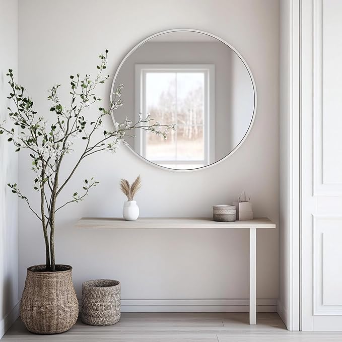 Oruii White Round Mirror, White Round Mirror 24 inch, Circle Bathroom Mirrors Metal Frame, Circle Mirrors for Wall, Bathroom, Over Sink, Living Room, Entryway, Vanity