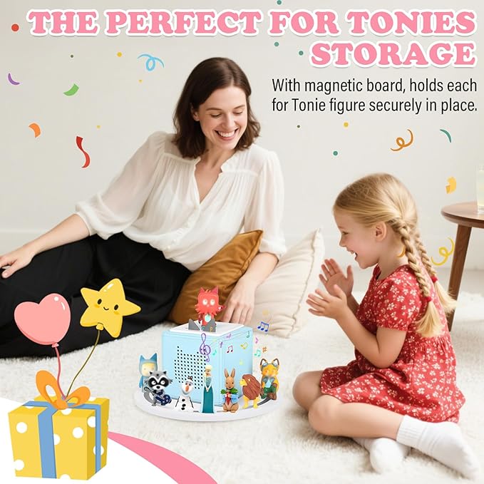 360° Round Turntable for Tonies Box 1/2 Organizer Storage Shelf, Magnetic Stand Holder for Toniebox Player Tonies Figures, Display Collection 10~15 Tonie Box Characters (White)