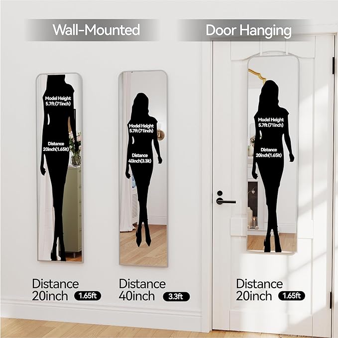 SCWF-GZ 47x14 Mirror Full Length Door Hanging Wall Mounted Aluminum Alloy Metal Frame Dressing Make-up Save Space Half Body Mirrors for Entryway Bedroom Bathroom Living Room 47 inch Silver