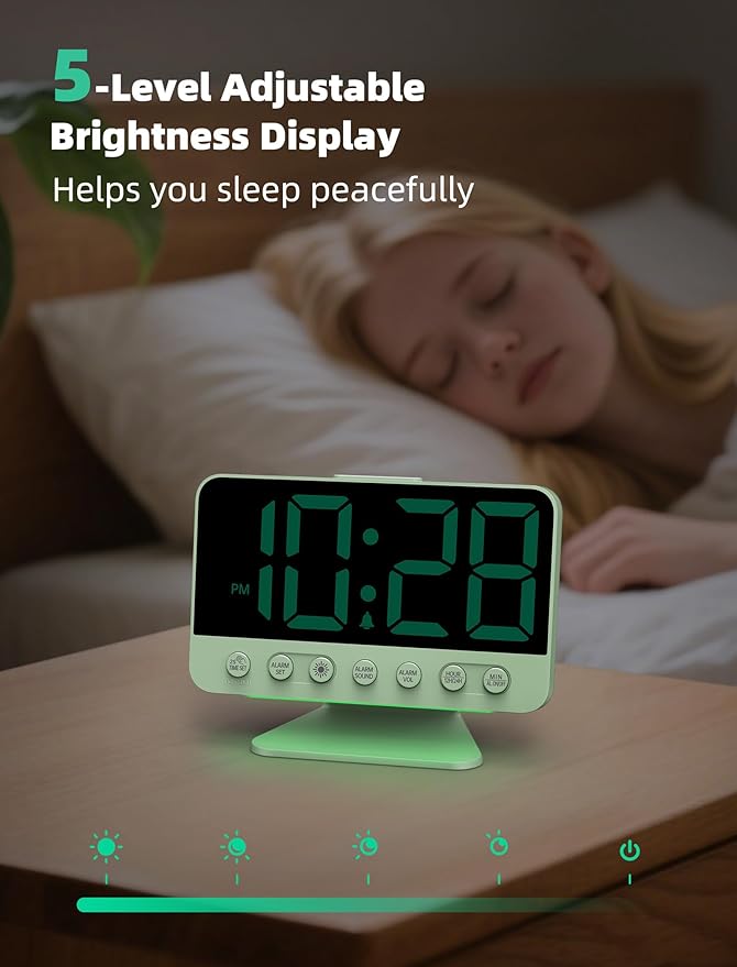 Odokee Digital Alarm Clocks for Bedrooms: Large Bold Number 5 Brightness Dimmer - Easy to Read Across The Room - 5 Alarm Sound 8 Night Light - Sage Green
