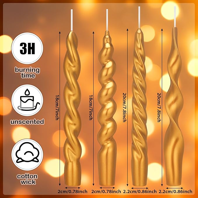 Nuanchu 4 Pcs Twisted Taper Candles Wax Unscented Smokeless Spiral Swirl Candlesticks for Wedding Holiday Dinner Party Home Decorations(7.87 Inch,Pure,Golden)