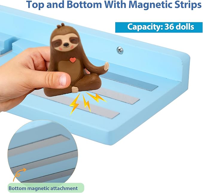 For Tonies Figures Shelf Magnetic,for Tonie Box Wall Shelves,for Tonies Characters Organizer Audio Toy Storage (Holds 36 Figurines),Compatible Charging Station for Children Kid's Room,Oak Wood,Blue
