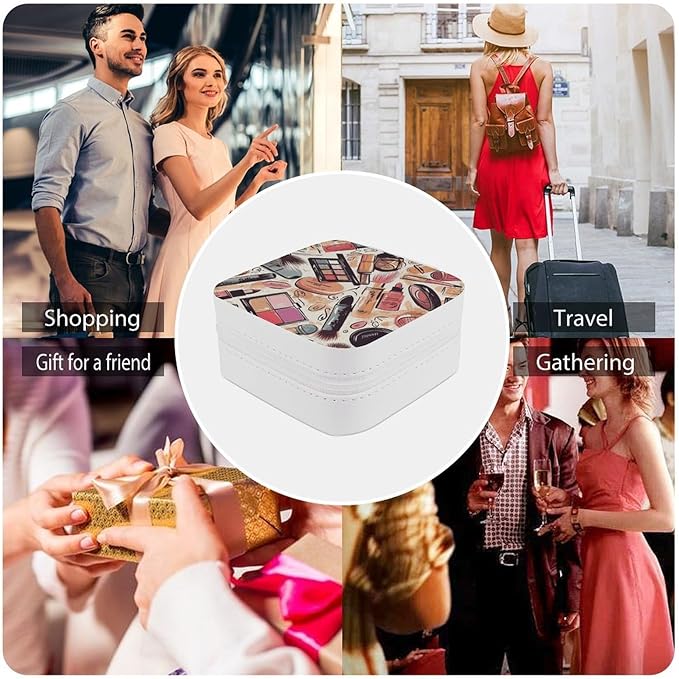 Cosmetic And Makeup Theme Pattern Jewelry Box Portable Mini Travel Case Display Storage Holder Boxes PU Leather Small Jewelry Organizer for Women for Stud Earrings Rings Necklaces Bracelets