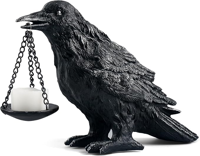 Gothic Crow Lamp with Tealight Candle Holder Resin Raven Decor Statue Gothic Home Decor for Bedroom Unique Goth Gifts Wearing Silver