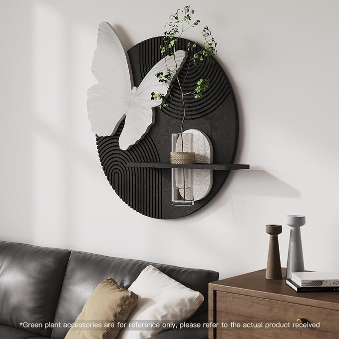 3D Black and White Butterfly Wall Art Decor for Living Room, Modern Minimalist Textured Artwork for Walls with Vase, Geometric Round Sandstone Wall Decor for Dining Room Hallway Bedroom Office