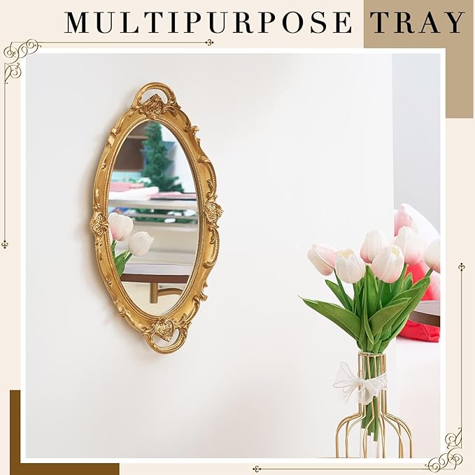 Reallnaive 2 Pcs Vintage Mirror Tray 15.3 x 9.45 Inch Decorative Antique Framed Mirror for Makeup Perfume Jewelry Organizer Serving Tray(Gold,Ornate)