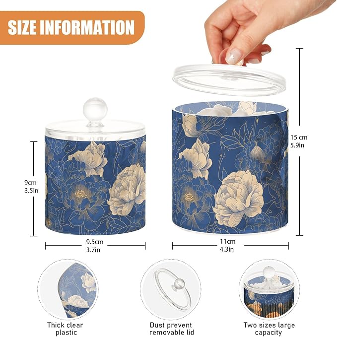 Navy Blue Gold Peony Floral2 Clear Plastic Makeup Organizer Storage with lid Pantry Essentials Decorative Dental floss storage jar for Cotton Swabs,Cotton Pads,Floss Picks,Paper Clips,Hair