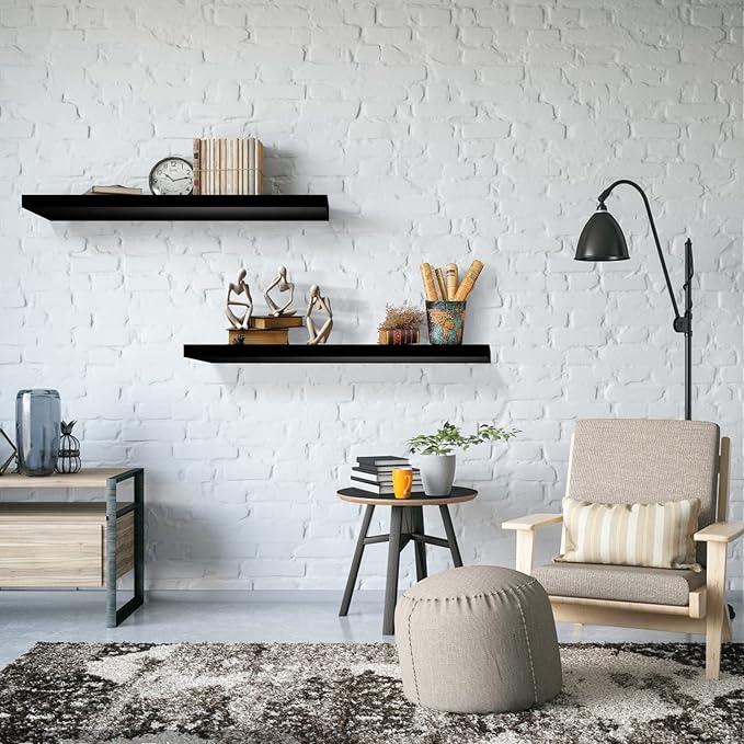SAUMONIERES 24 Inch Floating Wall Shelves for Bedroom Bathroom Wall Mounted Solid Wood Shelf Storage Decor Set of 2, Black Floating Shelves