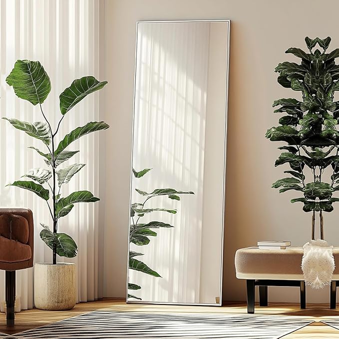 Sunniry Full Length Mirror, Stand Up Mirror with Aluminum Metal Frame, Standing Mirrors for Bedroom, Livingroom, Bathroom, Hallway, Cloakroom, Wedding. (56x16 inch, Silver)