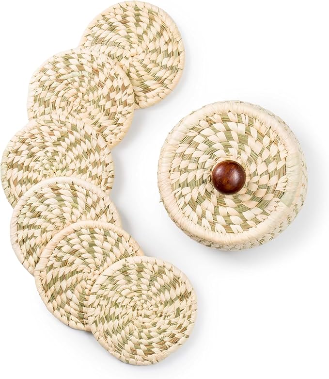 Handwoven Sabai Grass Coaster Set with Holder – Set of 6 Natural Eco-Friendly Drink Coasters, Absorbent Table Protectors with Storage Basket & Lid – Rustic Home Décor