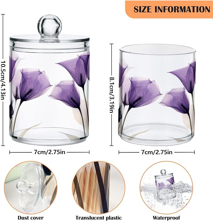 4 Pack Qtip Holder Dispenser Purple Tulip Lily Flower Cotton Ball Swab Round Pads Floss Clear Bathroom Storage Containers Plastic Apothecary Jars with Lids