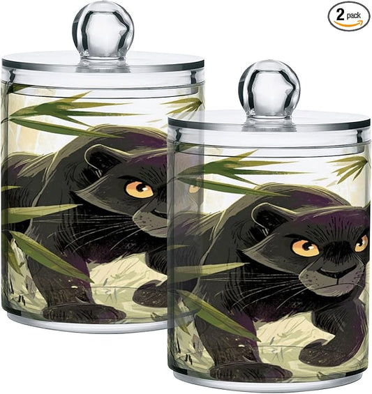 2 Pack Apothecary Jars,Panther in Jungle Grass Bathroom Vanity Storage Organizer Set,Small Clear Plastic Storage Jars Bathroom Canister for Cotton Swabs,Rounds,Balls,Qtips,Makeup Sponges