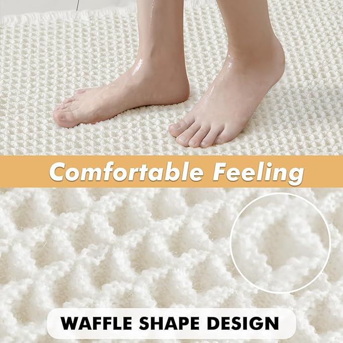 MIULEE Set of 2 Waffle Bathroom Rugs, Boho Bath Rugs Non Slip Washable, Super Absorbent Bath Mats, Ultra Soft Rubber Backed Shower Mats for Bathroom Floor, Tub, White, 17"x24"+20"x47"