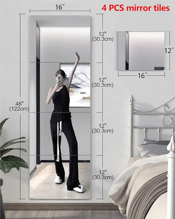 Shatterproof Wall Mirror Full Length for Bedroom, Acrylic Gym Mirrors For Home, Extra Thick : 0.12 Inch, 4 PCS x 15.7 x 12 Inch, Workout Mirrors Safe for Kids, Over The Door, Long Wall Mounted Mirror