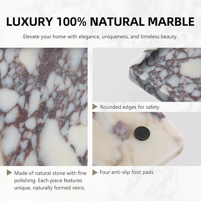 Luxury Natural Rectangle Marble Tray – 11.8 x 7.8-Inch Calacatta Viola Stone Vanity Tray, Large Catchall Organizer for Jewelry Perfume Keys, Decorative Tray for Bathroom Coffee Table & Dresser