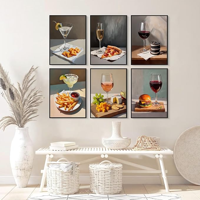 Set of 6 Trendy Cocktail Poster Martini and Cheese Crackers Prints Bar Cart Accessories Decor Retro Cocktail Wall Art Red Wine Canvas Room Decor Pictures for Apartment Dorm Unframed 12x16 inch