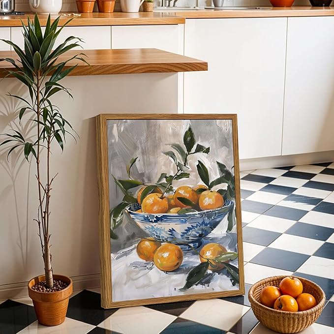 Framed Vintage Oranges Canvas Wall Art, Rustic Kitchen Pictures Wall Decor, Cottagecore Farmhouse Fruit Still Life Paintings Prints Antique Home Decor for Living Room Dining Room 16x24 inch