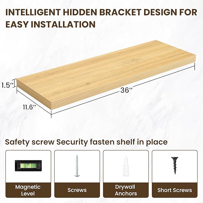 Acovy 36 Inch Floating Shelves, 12 Inch Deep Floating Shelves for Wall, Floating Shelf with Invisible Brackets, Deep Shelves for Bathroom, Bedroom, Living Room, 2 Pack, Natural