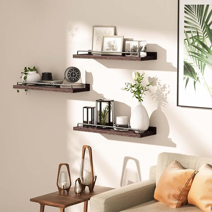 RYOFOBETTO Floating Shelves, Bathroom Decor Shelves Over Toilet, Farmhouse Wall Shelves for Living Room, Bedroom, Picture Frames, Plants, Kitchen, Set of 3 (Walnut Brown)