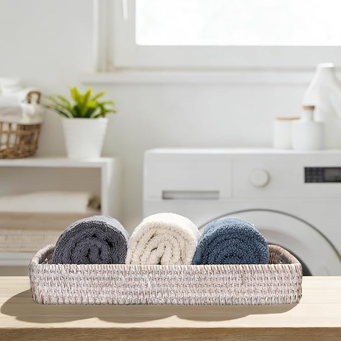 Hipiwe Rattan Serving Tray with Handles Handwoven Basket Tray for Storage Breakfast Dessert Fruit Decorative Tray for Coffee Table, Whitewash