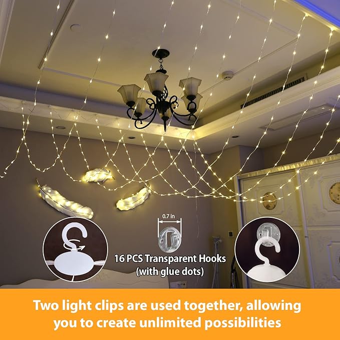 HXWEIYE 300LED Fairy Curtain Lights, 9.8x9.8Ft USB Plug-in 8 Modes Christmas String Hanging Lights with Remote for Bedroom Backdrop Wedding Indoor Wall Decor, Warm White, Tangle-Free – 1 Pack
