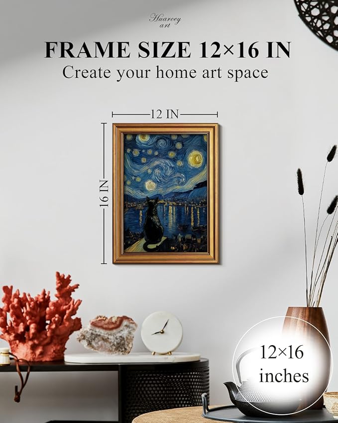HUARCEY Gold Framed Canvas Wall Art, Van Gogh Cat Vintage Decor, Bathroom Shelf Vintage Decor Aesthetic, Retro Decoration for Bathroom Bedroom Living Room, 12x16Inch