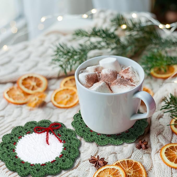 5 Pcs Wreath Crochet Coaster Set Wreath Coaster with White Pot Storage Basket Handmade Present Woven Cup Mats Kit for Holiday Party Gifts Kitchen Office Home Decor