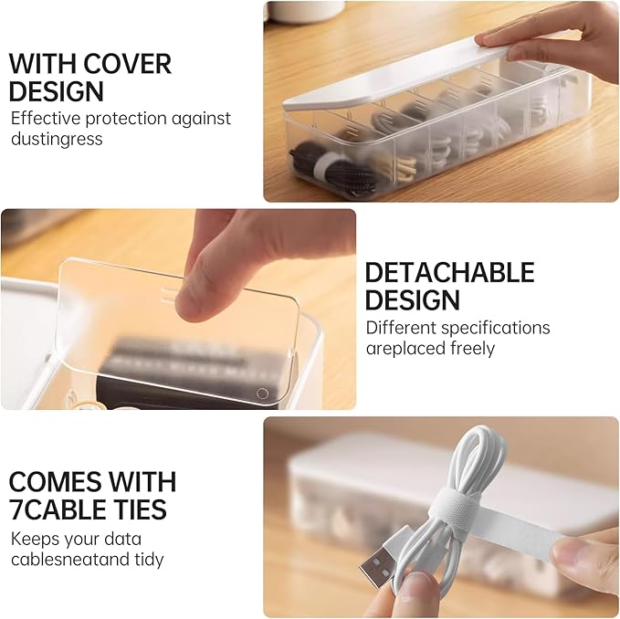 PAVSTINE 2 Pcs Cable Organizer Storage Box with 14 Wire Ties,Desktop Cable Management Box with Lid,Power Cord Organizer for Office,Home,Desk Accessories Storage Stationery Supplies White