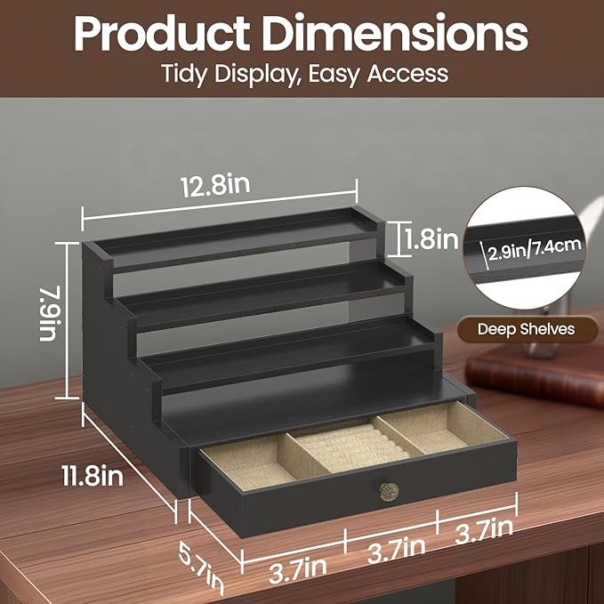 MODOWEY Perfume Organizer Cologne Holder Stand for Men, Wooden Wide-Spaced Shelf with Drawer, 4 Tier Large Capacity Storage Rack for Dresser Countertop, for a Neat, Accessible Fragrance Display, Black