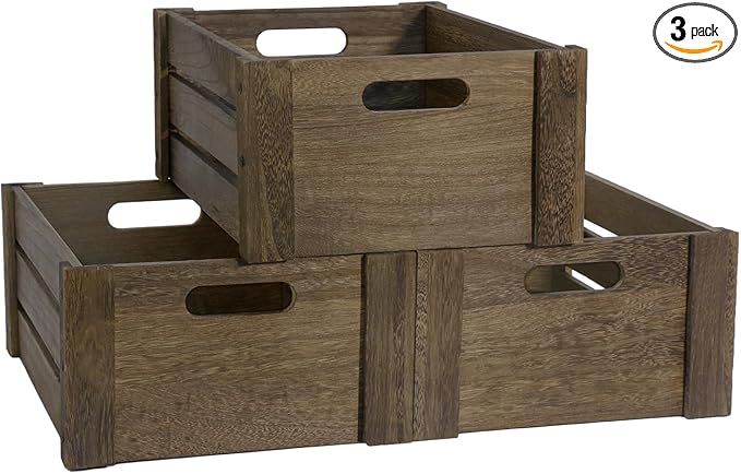 Wooden Crates for Display, 3 Pack Large Rustic Handmade Wood Crate for Storage, Wooden Basket with Handles, Nesting Crates Boxes for Container and Decor Living Room Outdoor Christmas (Large)